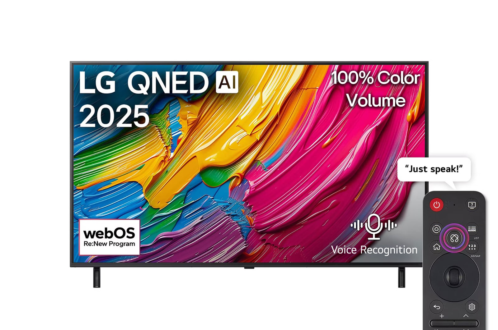 Front view of LG QNED80 TV, LG QNED Al Logo on the top corner. LG QNED TV depicts colorful paintike textures coming together.