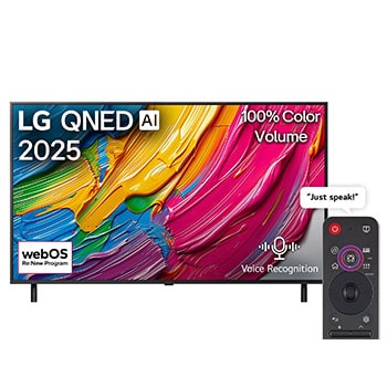 Front view of LG QNED80 TV, LG QNED Al Logo on the top corner. LG QNED TV depicts colorful paintike textures coming together.