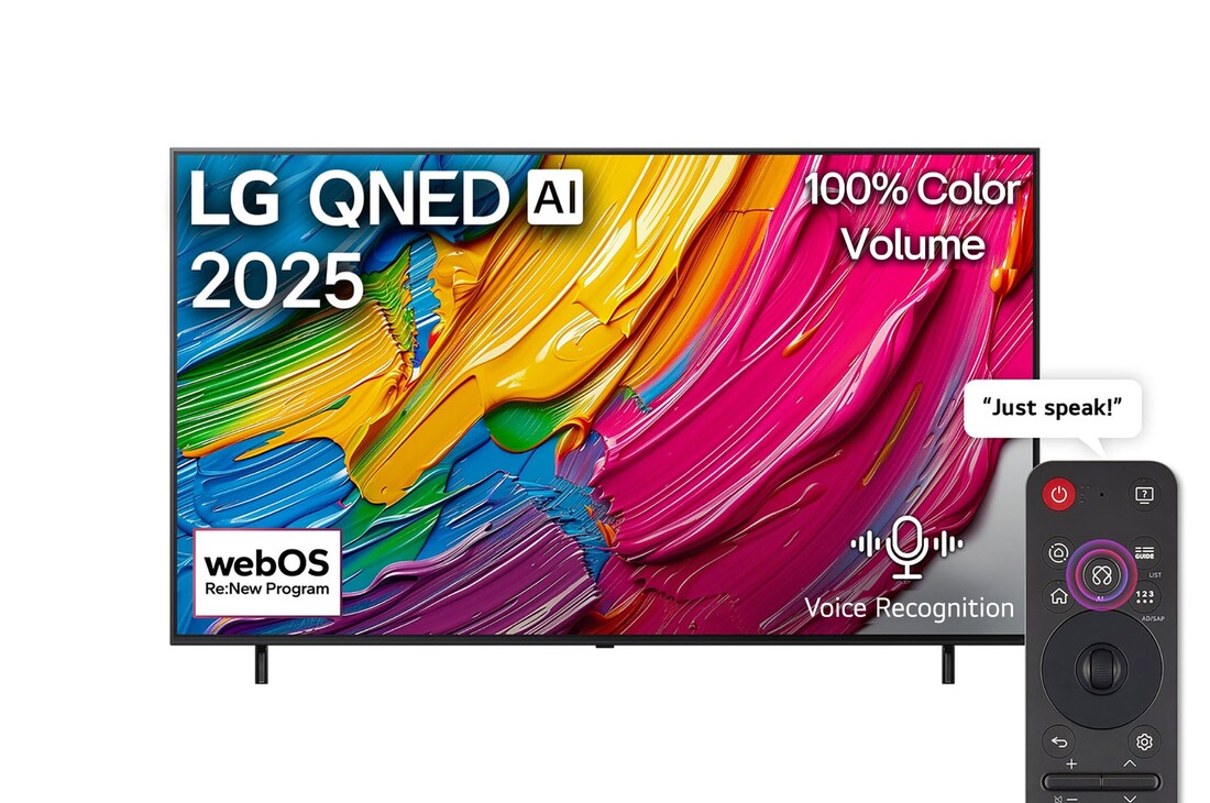 Front view of LG QNED80 TV, LG QNED Al Logo on the top corner. LG QNED TV depicts colorful paintike textures coming together.
