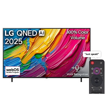 Front view of LG QNED80 TV, LG QNED Al Logo on the top corner. LG QNED TV depicts colorful paintike textures coming together.