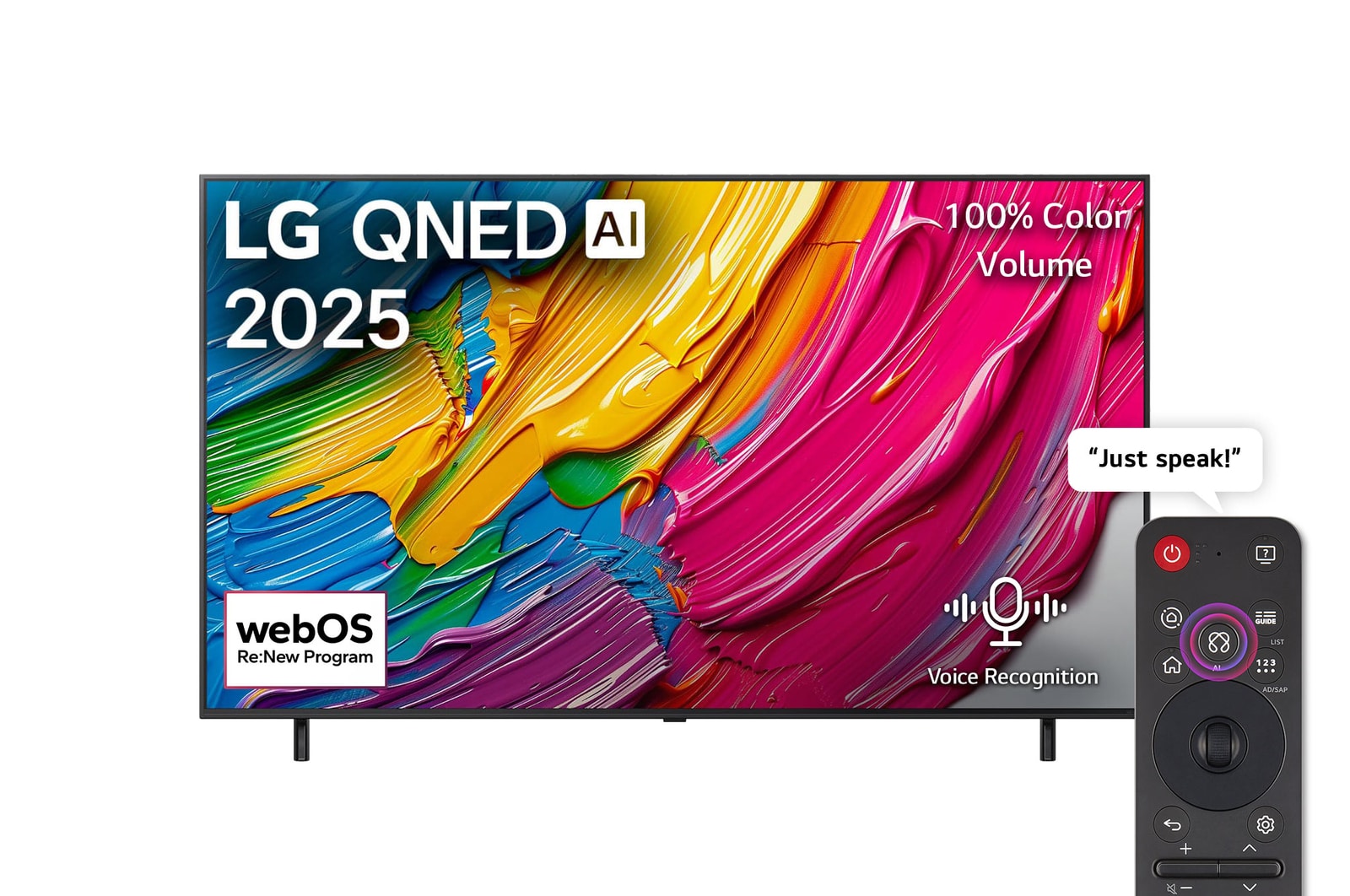 Front view of LG QNED80 TV, LG QNED Al Logo on the top corner. LG QNED TV depicts colorful paintike textures coming together.