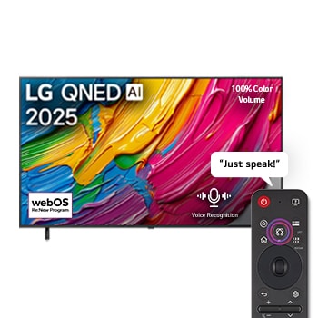Front view of LG QNED80 TV, LG QNED Al Logo on the top corner. LG QNED TV depicts colorful paintike textures coming together.