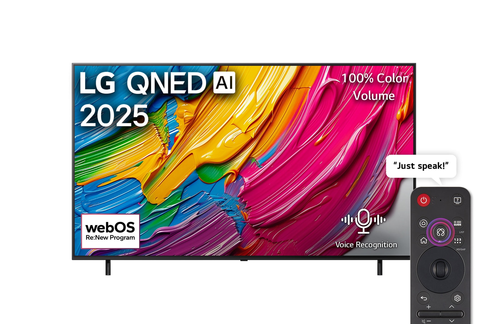 Front view of LG QNED80 TV, LG QNED Al Logo on the top corner. LG QNED TV depicts colorful paintike textures coming together.