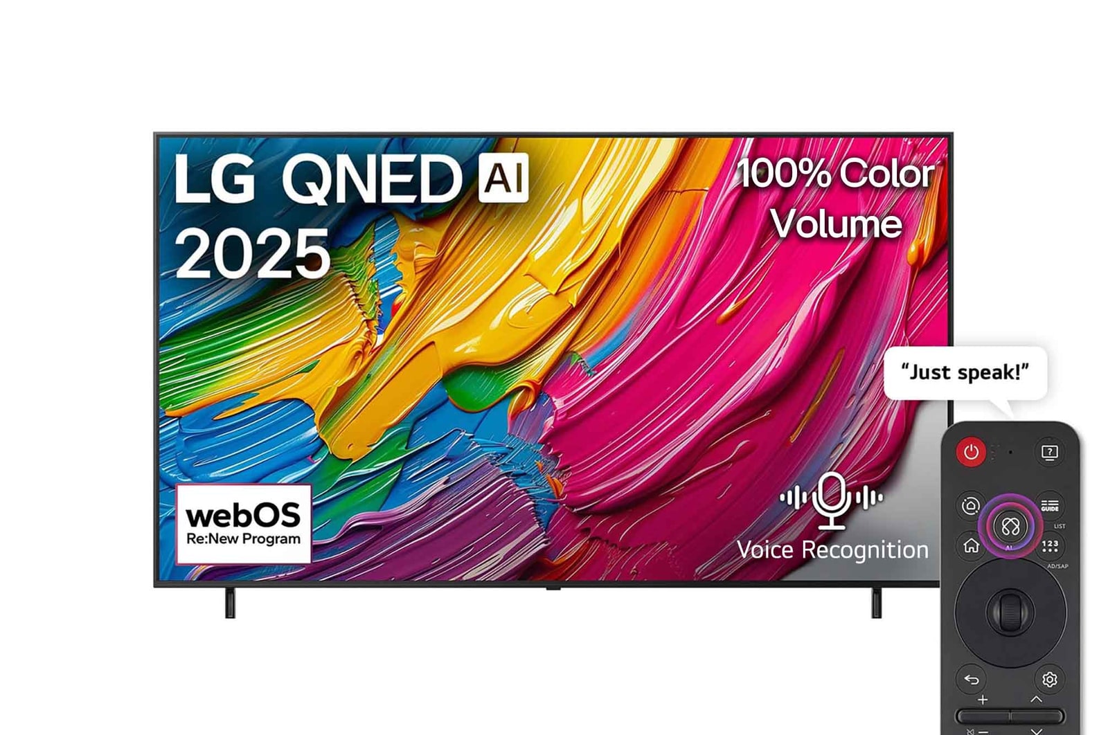 Front view of LG QNED80 TV, LG QNED Al Logo on the top corner. LG QNED TV depicts colorful paintike textures coming together.