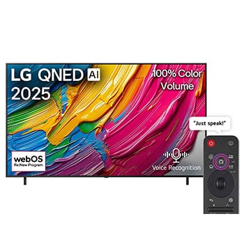 Front view of LG QNED80 TV, LG QNED Al Logo on the top corner. LG QNED TV depicts colorful paintike textures coming together.
