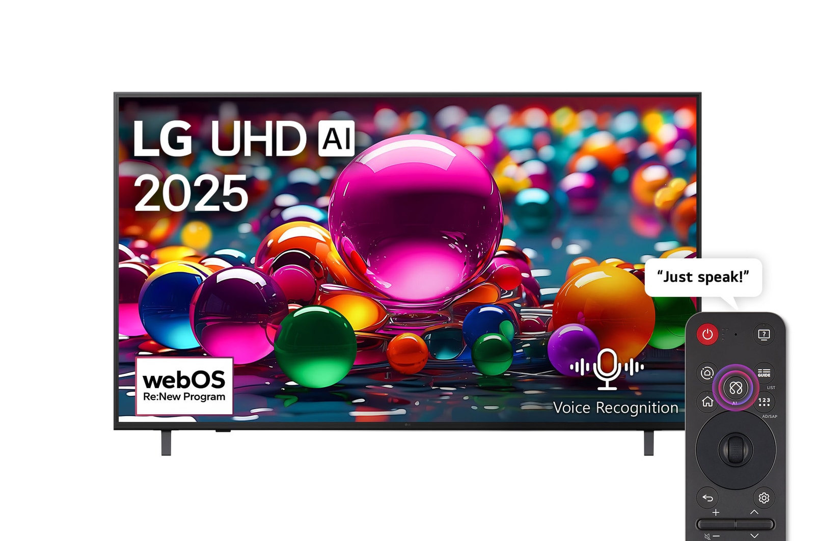 Front view of UHD UA75 TV, LG UHD Al Logo on the top corner. LG UHD TV depicts colorful paintike textures coming together.