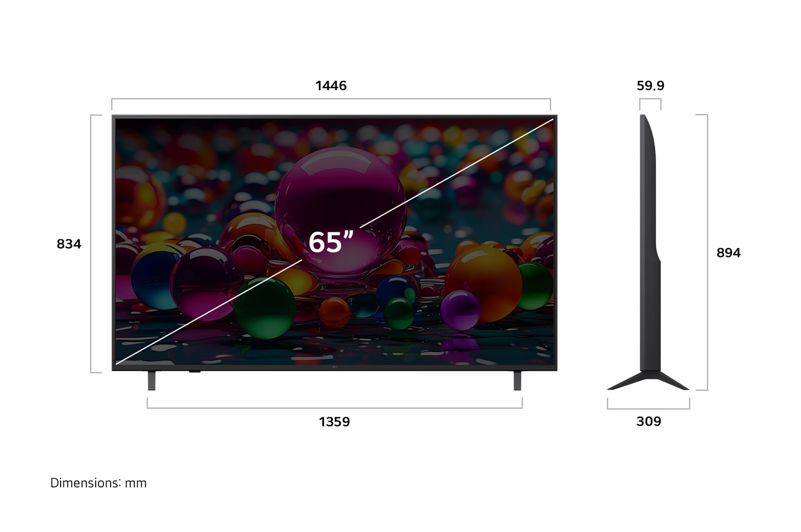 Front view and side view of LG UHD AI  UA75 4K Smart TV showing its length, width, height, and depth dimensions.