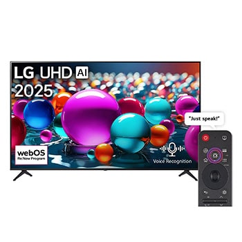 Front view of UHD UA75 TV, LG UHD Al Logo on the top corner. LG UHD TV depicts colorful paintike textures coming together.