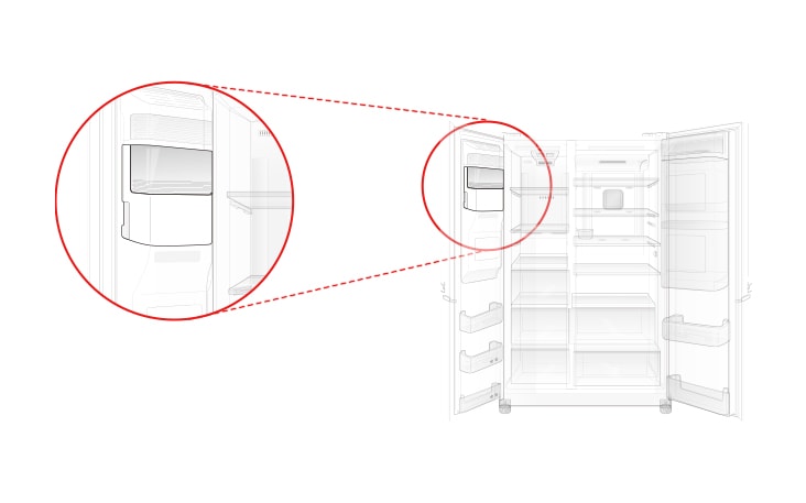 There is an icemaker at the top of the freezer compartment