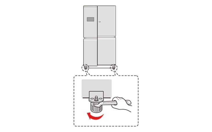 Use the spanner to turn the nut of the height adjustment screw on the left to the counterclockwise direction to level the door