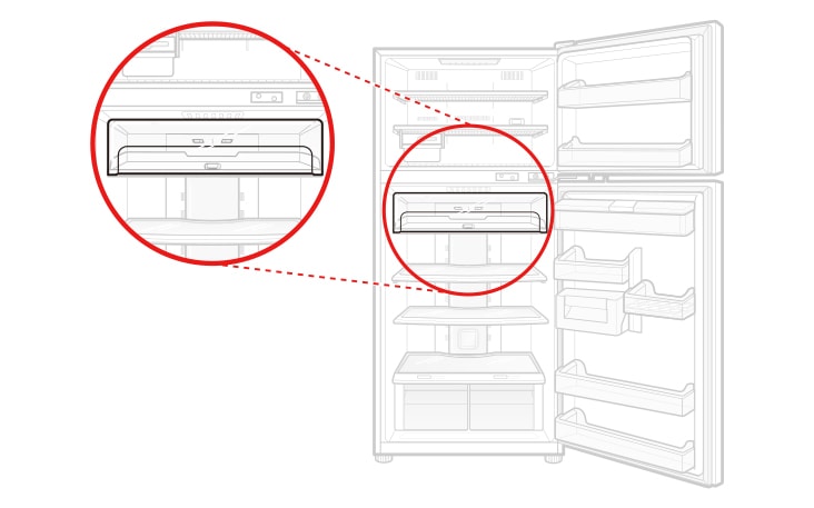 The Refrigerator Fresh Room Tray Cover is located front the Fresh Room Tray in the refrigerator compartment.