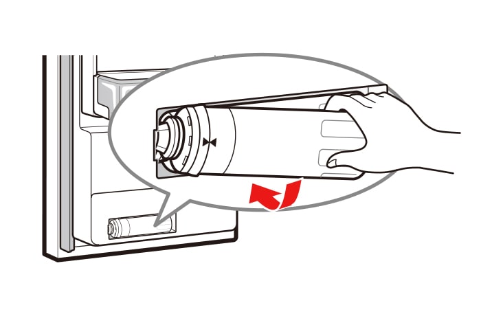Insert the new filter into the filter head and rotate it clockwise until the arrow on the new filter lines up with the arrow on the filter head Swing the filter back into the compartment