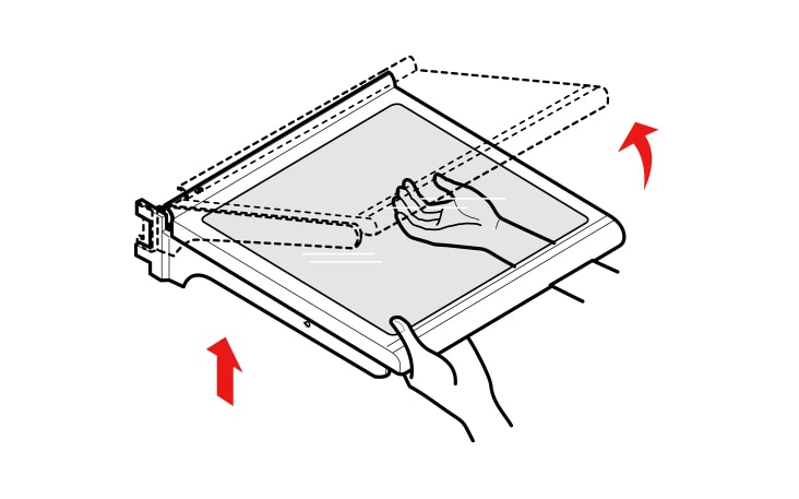 If the top shelf located below the water filter is in the highest position it will need to be removed prior to replacing the water filter To remove any shelf tilt up the front of the shelf and lift it Pull the shelf out