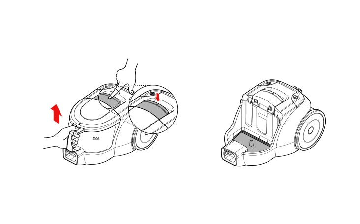 While pressing the release button on the dust bin pull the dust bin out to separate it
