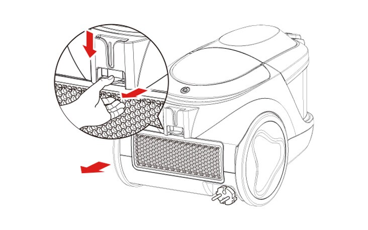 To change the exhaust filterm remove the filter cover on the body by release hook Pull out the exhaust filter