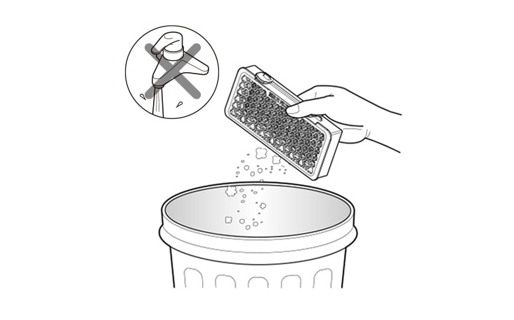A hand shakes a filter over a bin, emptying debris. Crossed tap icon above indicates not to wash the filter.