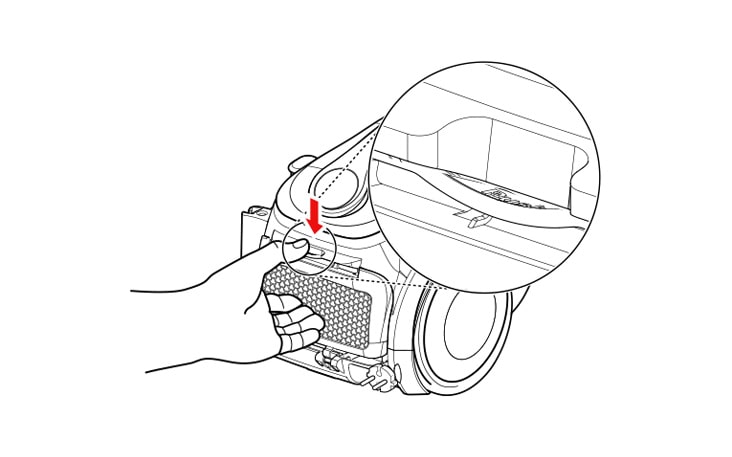To clean the exhaust filter press the button and then pull the exhaust filter cover of the main unit to open it