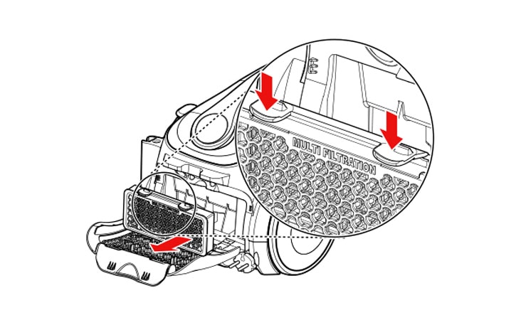 Open the exhaust filter cover and press the two buttons on either side then separate exhaust filter