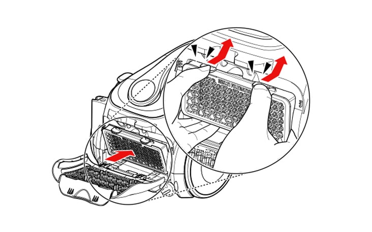 Illustration showing hands removing filter from LG vacuum cleaner with arrows indicating direction.