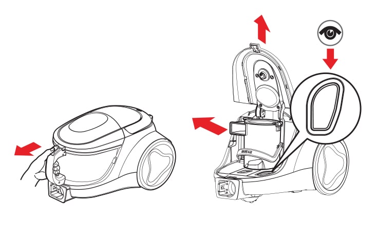 While pressing the release button on the dust bin pull the dust bin out to separate it After checking that dust has accumulated in the air filter hold the dust separator handle and pull it