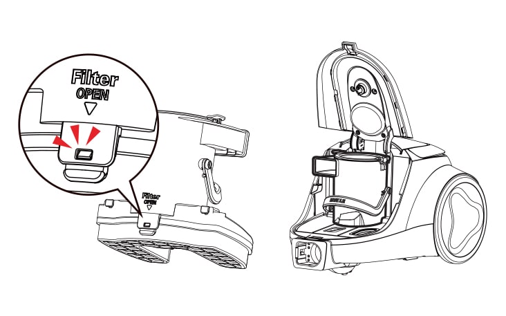 Close the filter cover Hold the dust separator handle and pull it down firmly ensuring secure assembly