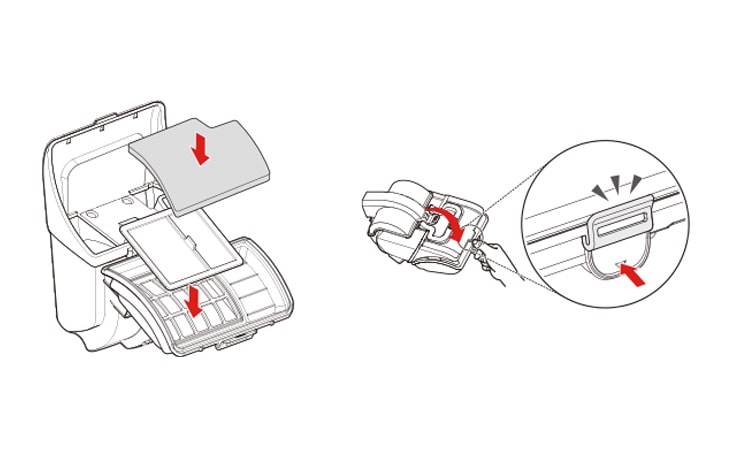 Insert the motor safety filter first followed by the air filter Close the filter cover