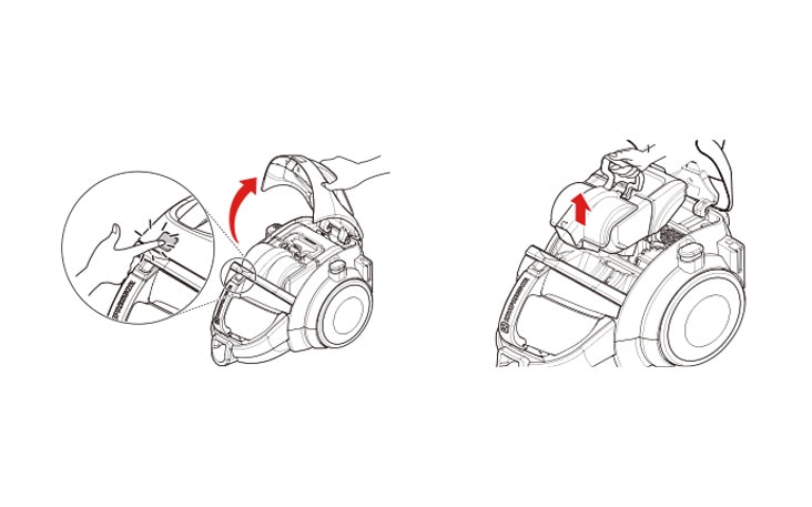 Open the vacuum cleaner cover by pushing the button  Grasp the handle of the dust separator and take out it