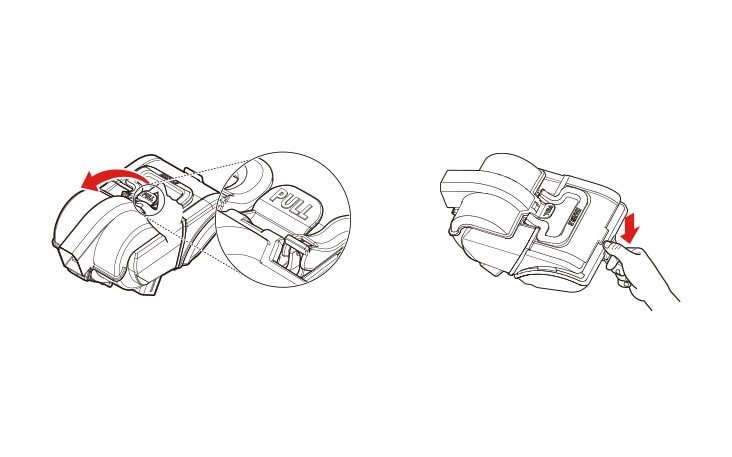 Illustration shows a hand pulling the detergent compartment out from the washing machine on the left.