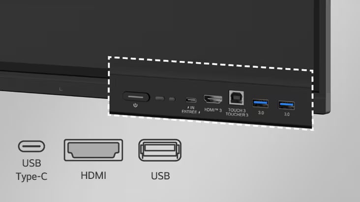 تحتوي السبورة الرقمية التفاعلية من LG على منافذ في المقدمة مثل USB وHDMI.