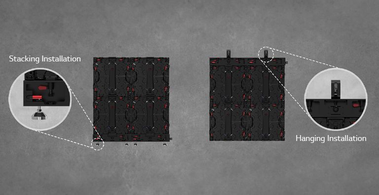 The part where the cabinet can be installed either as stacking or hanging is enlarged and shown.