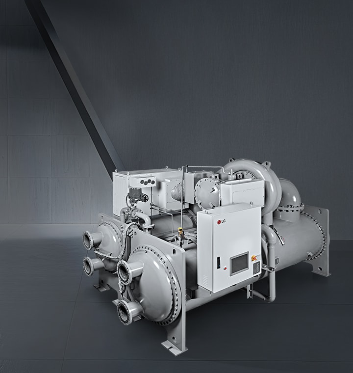 LG R-1233zd Oil-free Inverter Chiller in a sleek, industrial silver-toned virtual space.