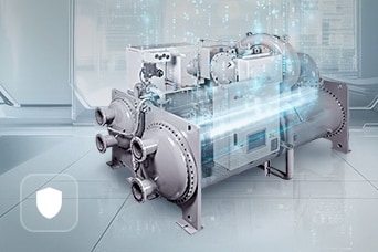 LG R-1233zd Oil-free Inverter Chiller with blue graphics in a lab-like setting.