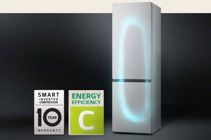 Refrigerator with efficient cooling system by smart inverter compressor and 10-year warranty label of compressor.