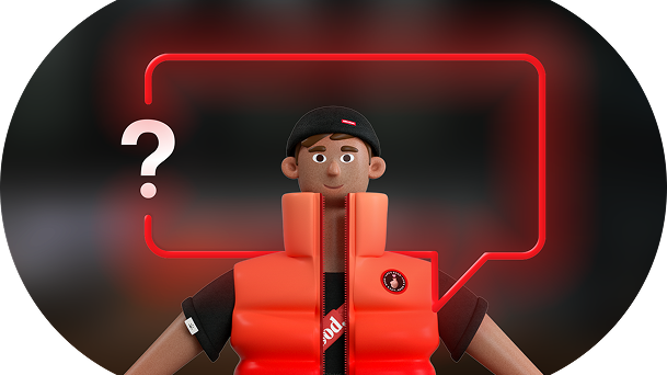 LG dishwasher question visual showing a character with a question mark speech bubble to introduce a question about dishwasher water heating