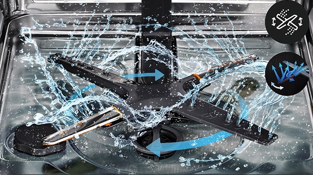 LG dishwasher QuadWash spray arms cleaning dishes from multiple angles to illustrate efficient washing performance