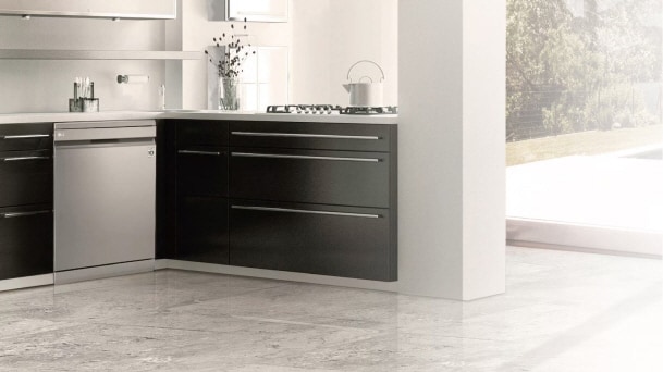 LG dishwasher installed under kitchen counter in modern interior with closed door and integrated cabinetry