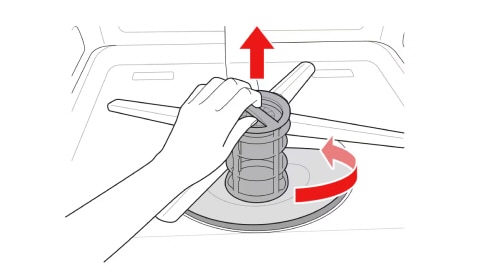 Diagram showing dishwasher filter removal by twisting cylindrical filter and lifting it from the base interior