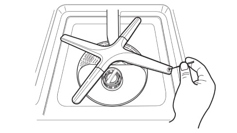 Diagram showing dishwasher spray arm removal and cleaning by hand with visible nozzle inspection