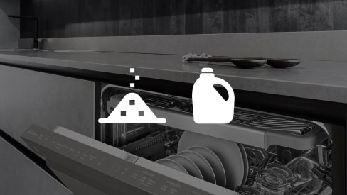 LG dishwasher with open rack showing detergent, salt and rinse aid icons inside kitchen cabinetry