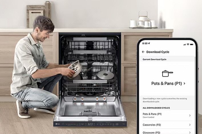 LG dishwasher with open door and smartphone showing cycle download options for wash programs