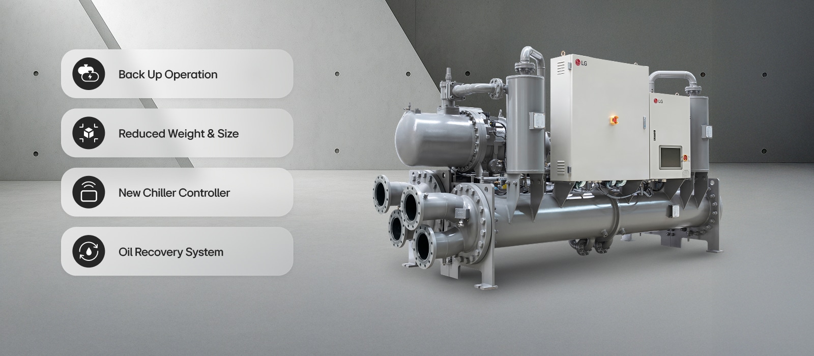 LG Ice Thermal Storage Screw Chiller shown in a virtual space with four key features summarized.