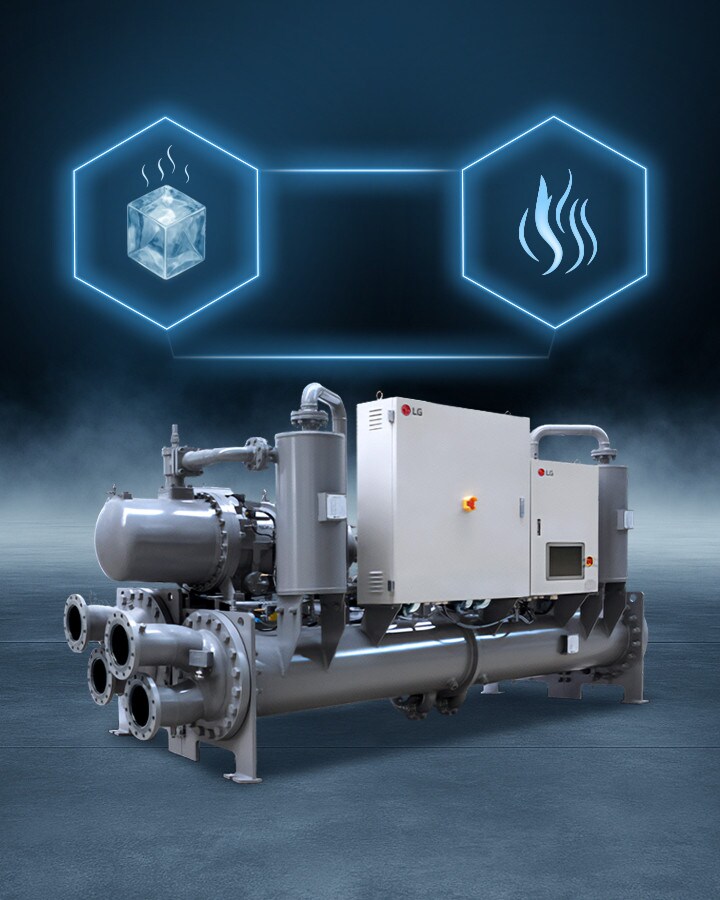 LG Ice Thermal Storage Screw Chiller on cold surface, with ice icon on the left and heat pump icon on the right.