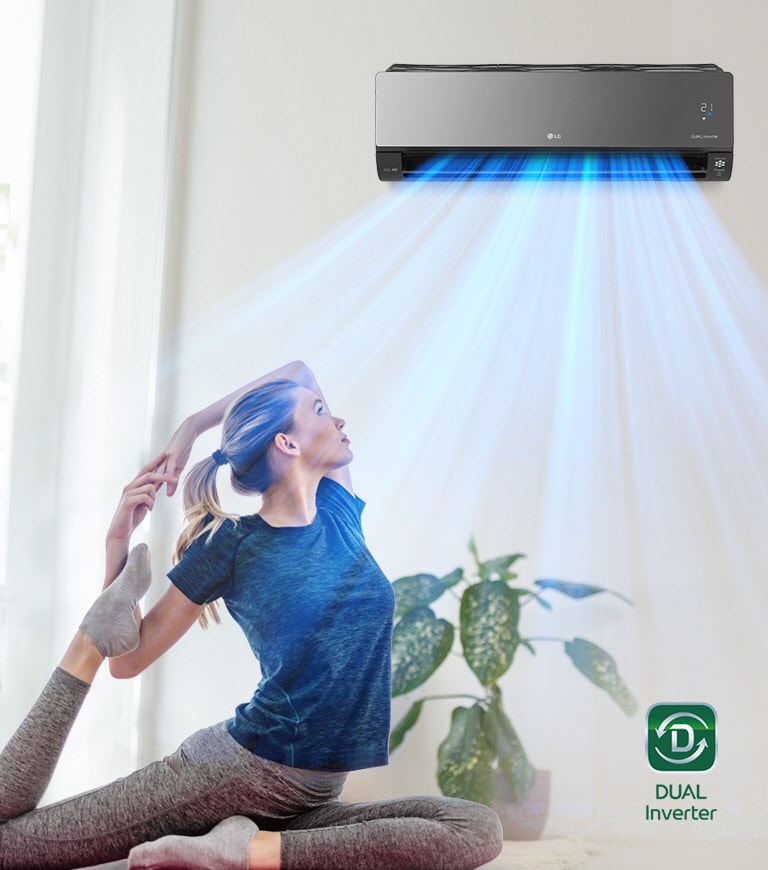 Woman doing yoga in front of an LG air conditioner emitting blue cooling beams, with green plants in the background.