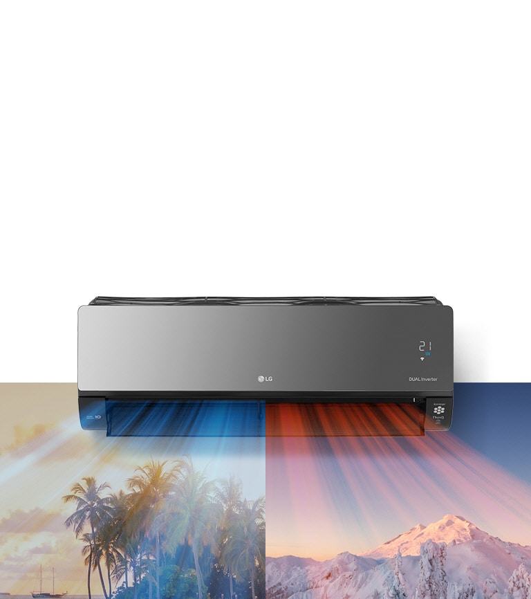 LG Dual Inverter AC cooling a tropical scene on the left and heating a snowy mountain on the right.