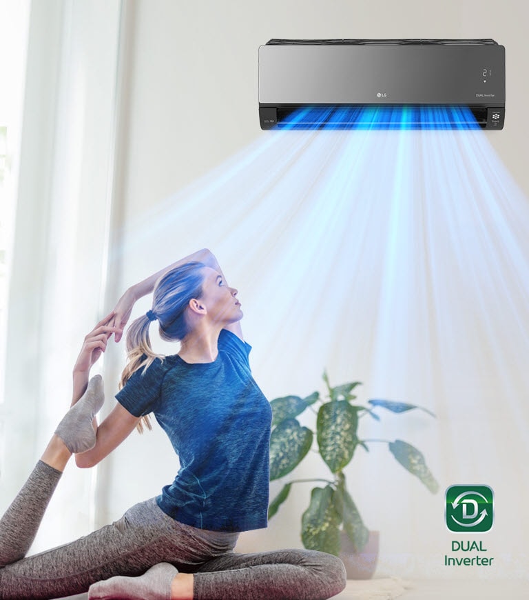 Woman practicing yoga in a brightly lit room beneath an LG air conditioner emitting cool blue airflow, Dual Inverter logo.