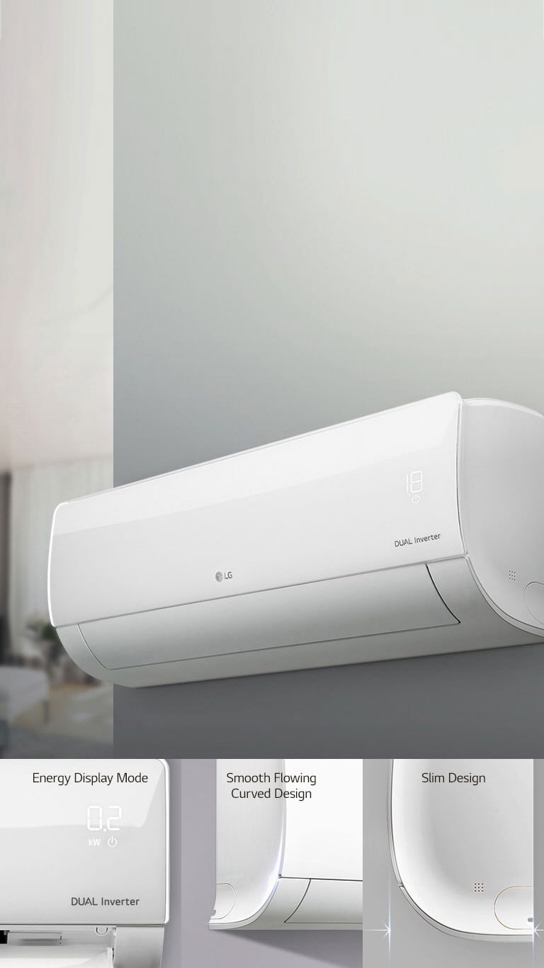 LG dual inverter air conditioner, wall-mounted in a modern room, white with a curved, slim design, and energy display mode.