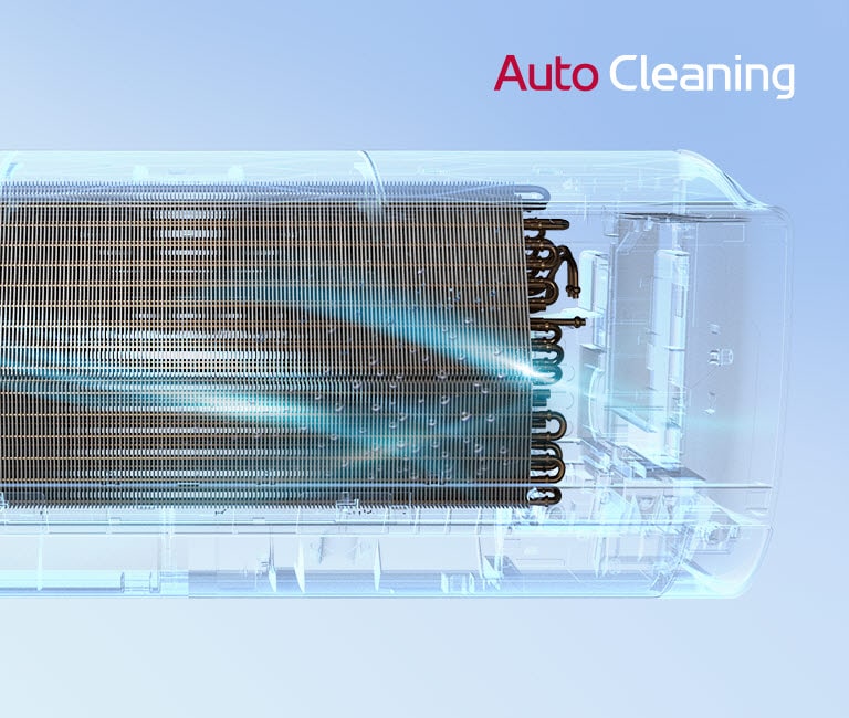 Transparent LG air conditioner unit displaying the auto-cleaning feature with blue airflow effect in a clear casing.