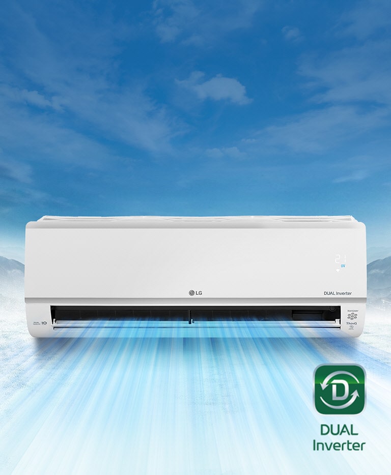 LG Dual Inverter air conditioner releasing cool air with a clear blue sky background and Dual Inverter logo on bottom right.