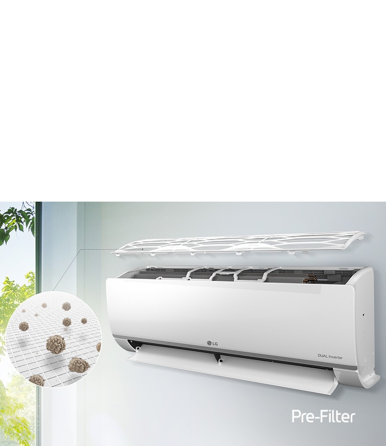 LG Dual Inverter air conditioner with open pre-filter capturing dust particles on a wall near a window with greenery.