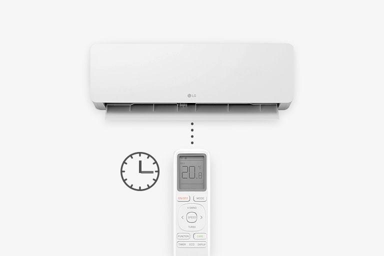  LG white wall-mounted air conditioner set to 20.8°C, controlled by remote with timer function, indicating cooling mode.